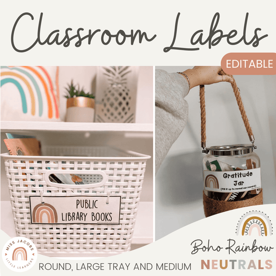 Boho Rainbow Classroom Labels Bundle | Editable Neutral Rainbow Theme - Miss Jacobs Little Learners