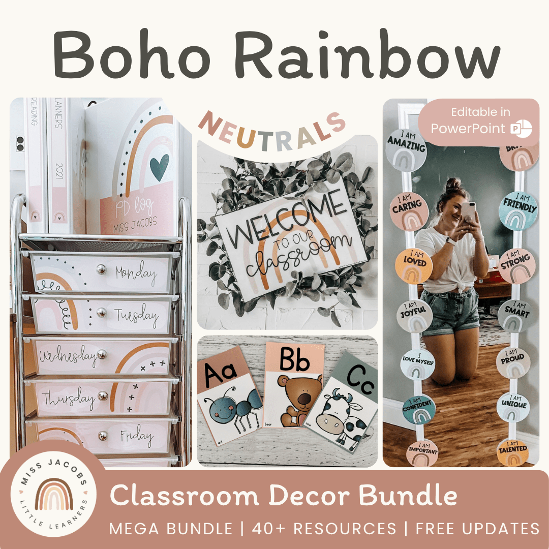 Boho Rainbow Neutrals Classroom Decor Bundle - Miss Jacobs Little Learners