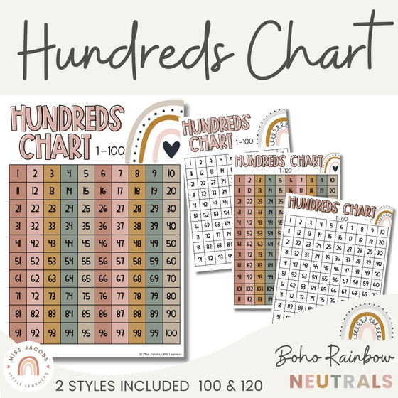 Boho Rainbow Neutrals Hundreds Chart - Miss Jacobs Little Learners