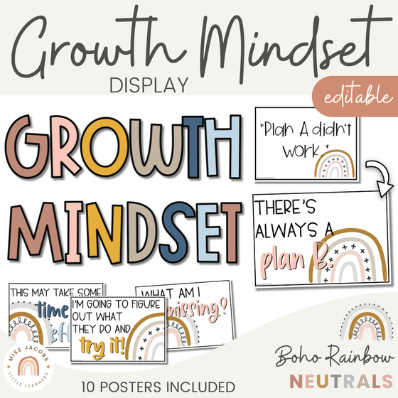 Boho Rainbow Themed Growth Mindset Posters | Neutral Rainbow Color Palette - Miss Jacobs Little Learners