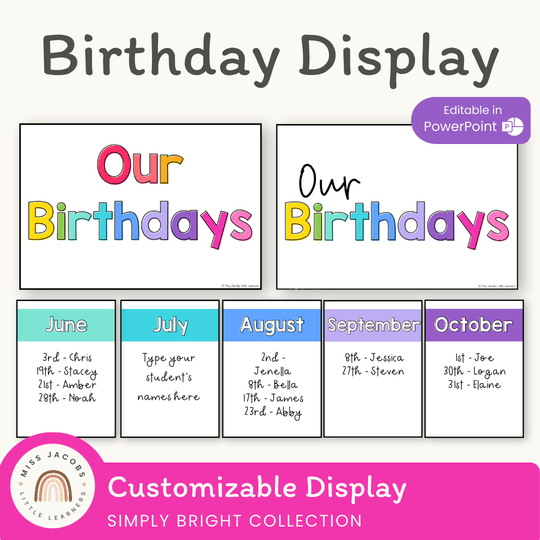 Brights Birthday Display | Simple Brights Classroom Decor | Editable