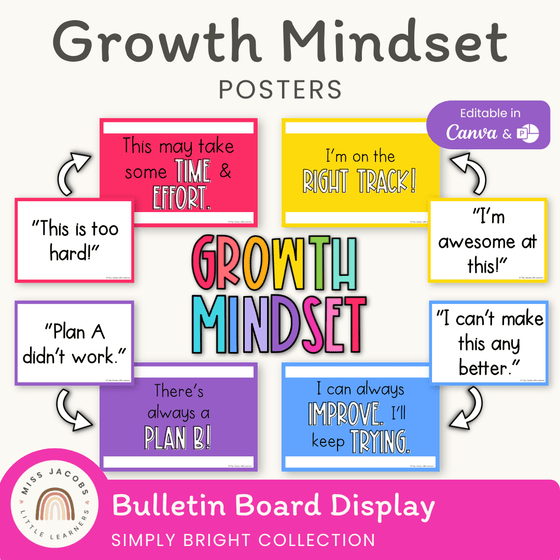 BRIGHTS themed Growth Mindset Posters | Neon Rainbow Classroom Decor | Editable - Miss Jacobs Little Learners