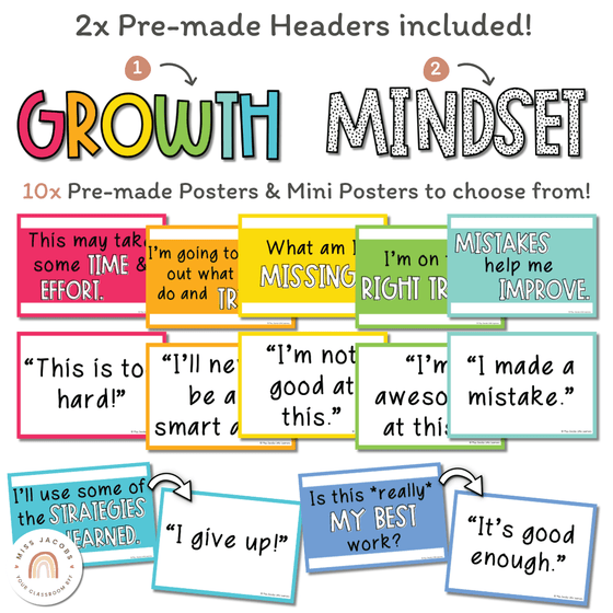 BRIGHTS themed Growth Mindset Posters | Neon Rainbow Classroom Decor | Editable - Miss Jacobs Little Learners