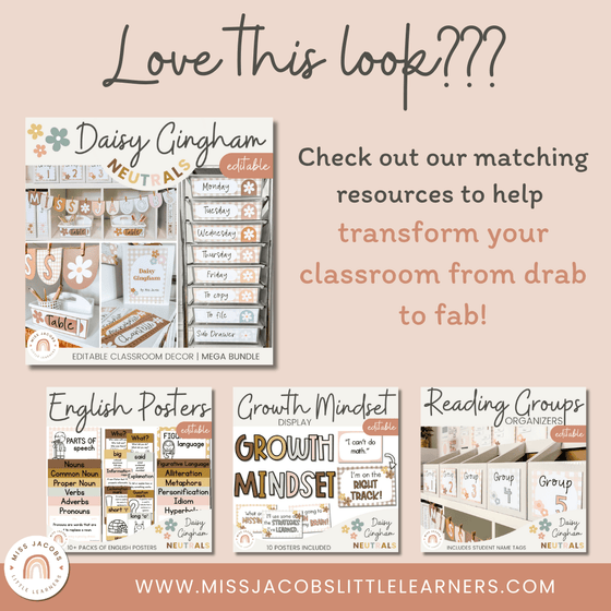 Bulletin Board Lettering Pack | Daisy Gingham Neutral Classroom Decor | Editable - Miss Jacobs Little Learners