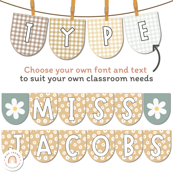 Bunting and Display Banners | Daisy Gingham Neutrals Classroom Decor - Miss Jacobs Little Learners