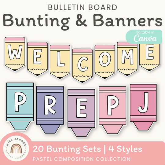 Bunting Banners - Bulletin Board Letters - Pastel Composition Notebook Classroom Decor