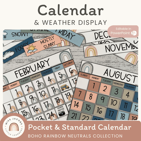 Calendar & Weather Display - Boho Rainbow Neutrals Decor - Miss Jacobs Little Learners