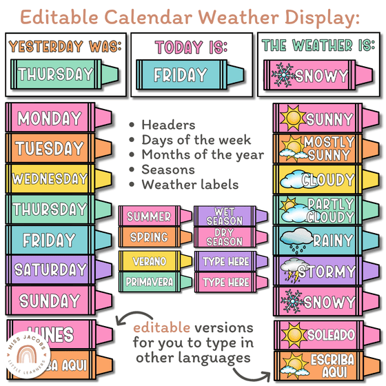 Calendar & Weather Display - Cutesy Classroom Decor - Miss Jacobs Little Learners