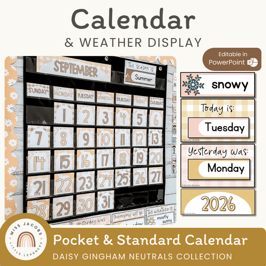 Calendar & Weather Display - Daisy Gingham Neutrals Decor