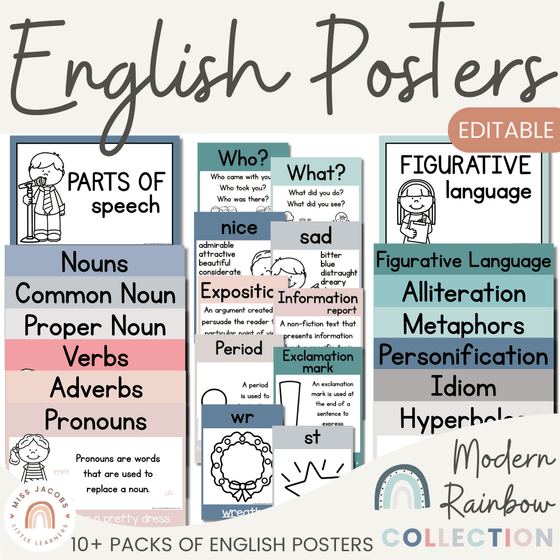 Calm Colors Decor | English Posters Bundle | MODERN RAINBOW Color Palette - Miss Jacobs Little Learners