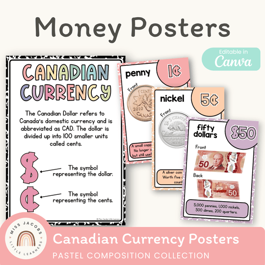 Canadian Money Posters - Pastel Composition Notebook Math Decor