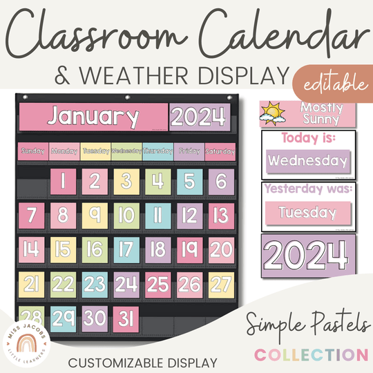 Classroom Calendar and Weather Display | PASTELS | Editable