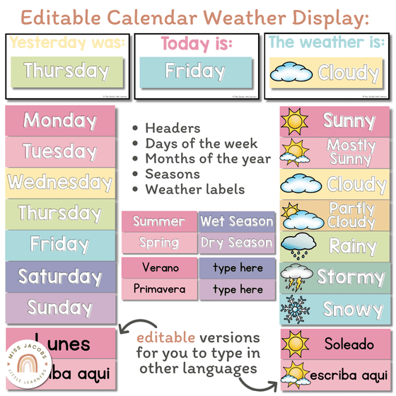 Classroom Calendar and Weather Display | PASTELS | Editable - Miss Jacobs Little Learners