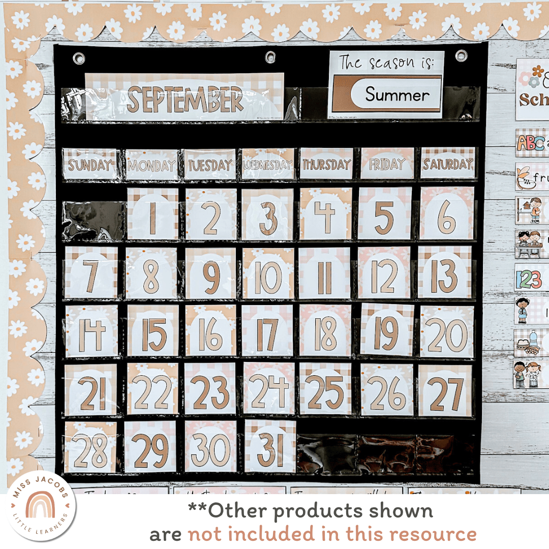 Classroom Calendar & Weather Pocket Chart Display | Daisy Gingham Neut ...