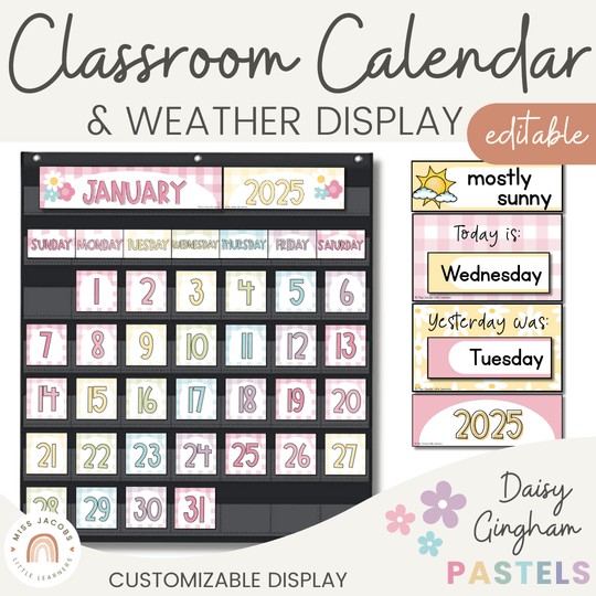 Calendar & Weather Display - Daisy Gingham Pastels Decor
