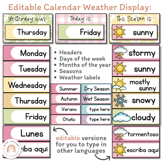 Classroom Calendar & Weather Pocket Chart Display | Daisy Gingham Pastel Classroom Decor - Miss Jacobs Little Learners