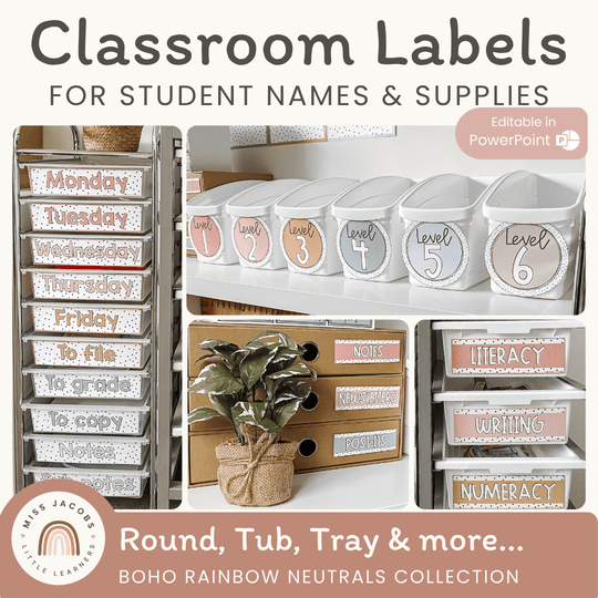 Classroom Label Student Names & Supplies - Boho Rainbow Decor
