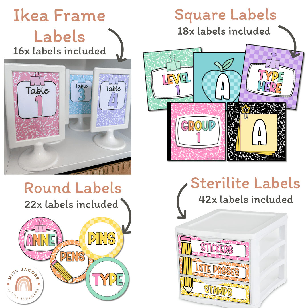 Classroom Labels for Student Names & Supplies - Cutesy Theme - MJLL