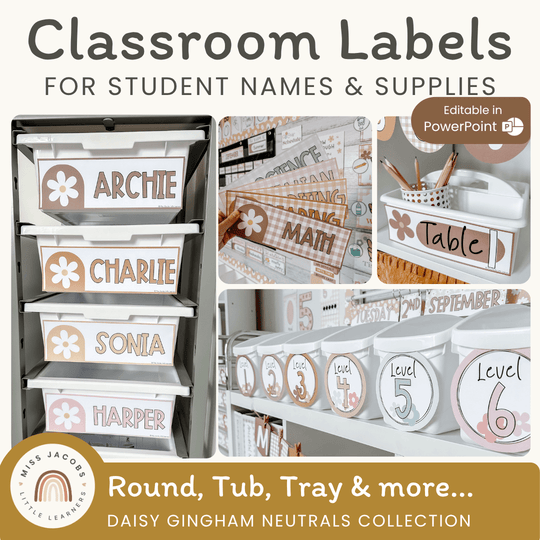 Classroom Labels Student Names & Supplies - Daisy Gingham Neutrals