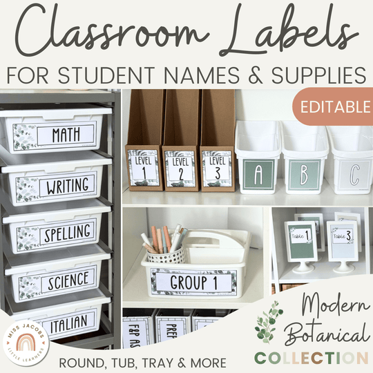 Classroom Labels Student Names & Supplies - Modern Botanical