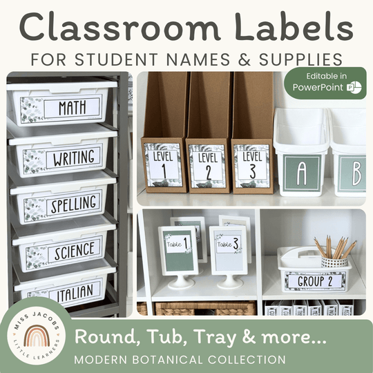 Classroom Labels Student Names & Supplies - Modern Botanical