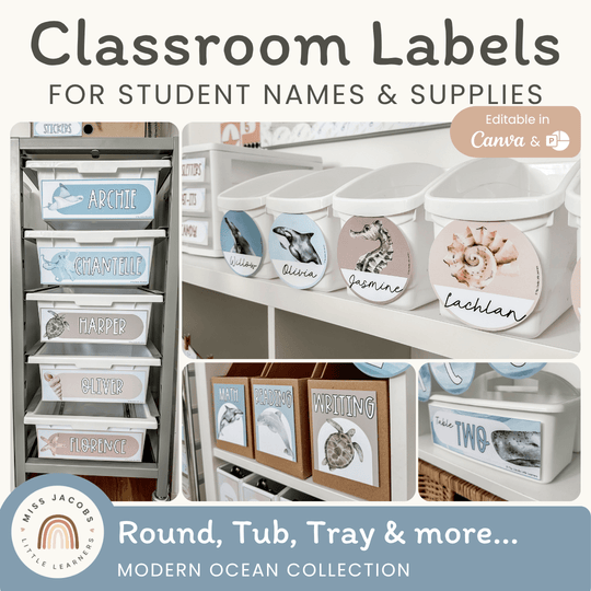 Classroom Labels Student Names & Supplies - Modern Ocean Theme