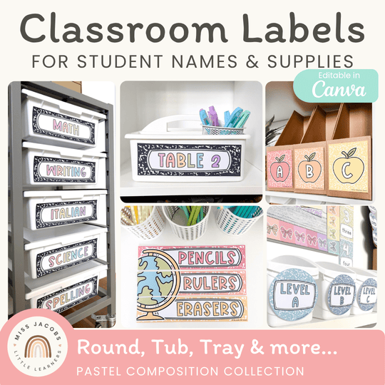 Classroom Labels Student Names & Supplies - Pastel Composition Notebook Decor