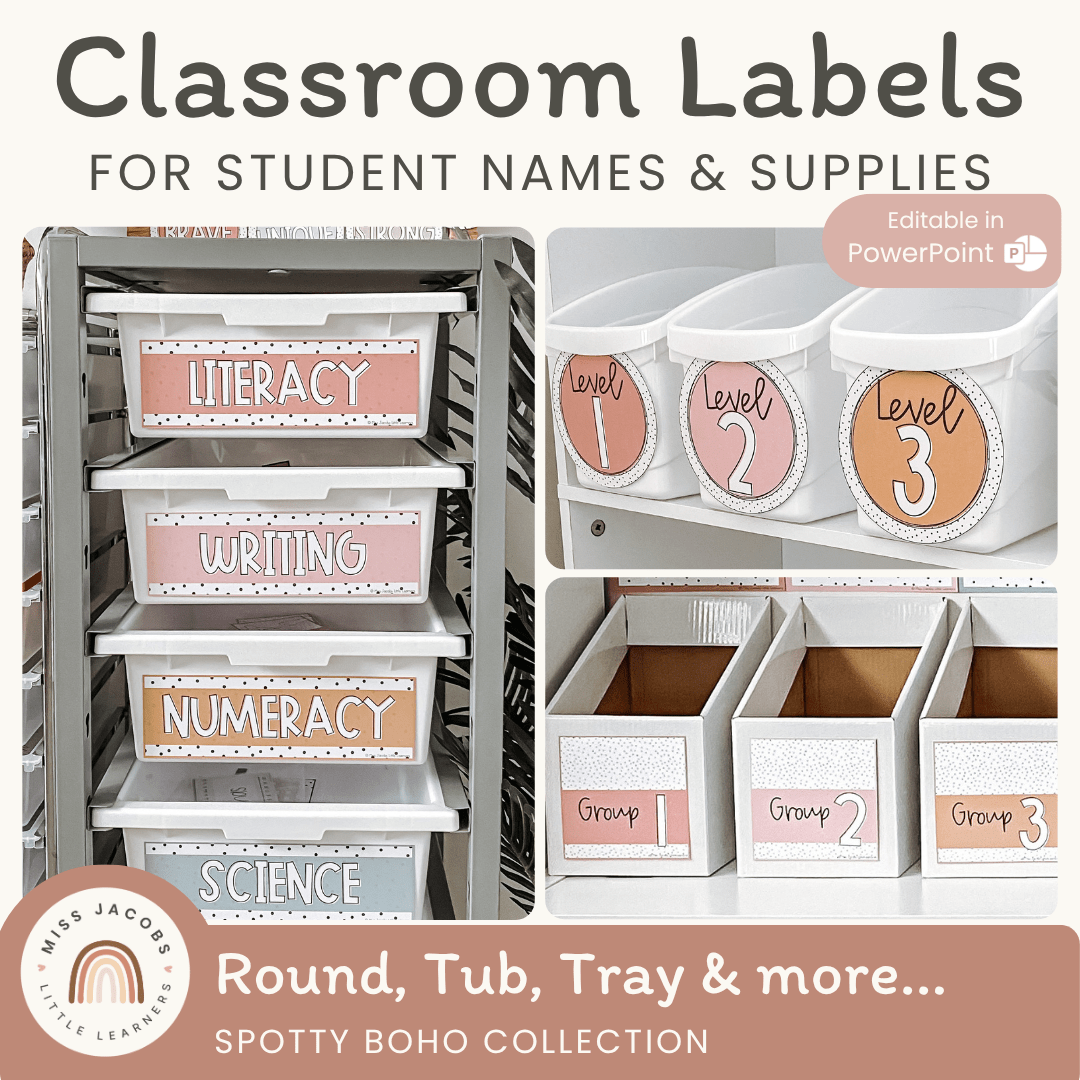 Classroom Labels Student Names & Supplies - Spotty Boho Decor – Miss ...