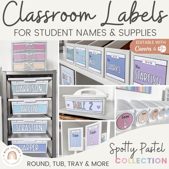 Classroom Labels Student Names & Supplies - Spotty Pastel Decor