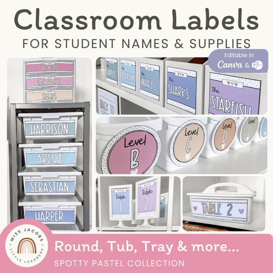Classroom Labels Student Names & Supplies - Spotty Pastel Decor - Miss Jacobs Little Learners
