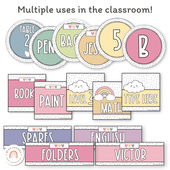 Classroom Labels Student Names & Supplies - Spotty Pastel Decor - Miss Jacobs Little Learners