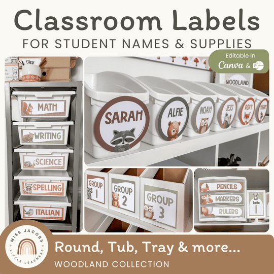 Classroom Labels Student Names & Supplies - Woodland Decor