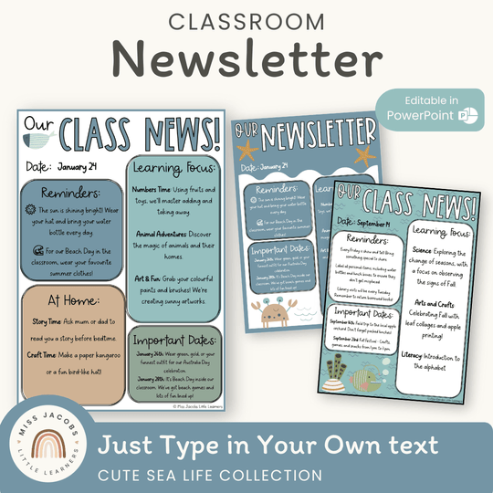 Classroom Newsletter Templates - Cute Sea Life Classroom Decor