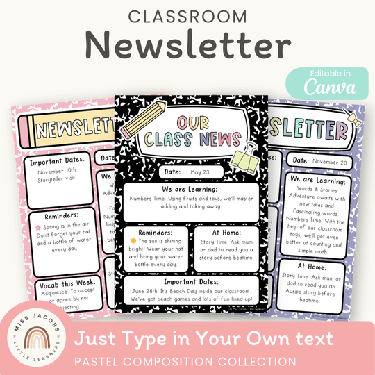 Classroom Newsletter Templates - Pastel Composition Notebook Decor