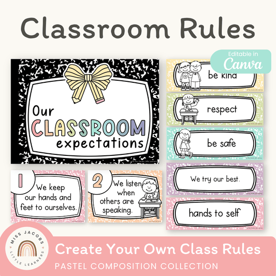 Classroom Rules and Expectations Posters - Pastel Composition Notebook Decor