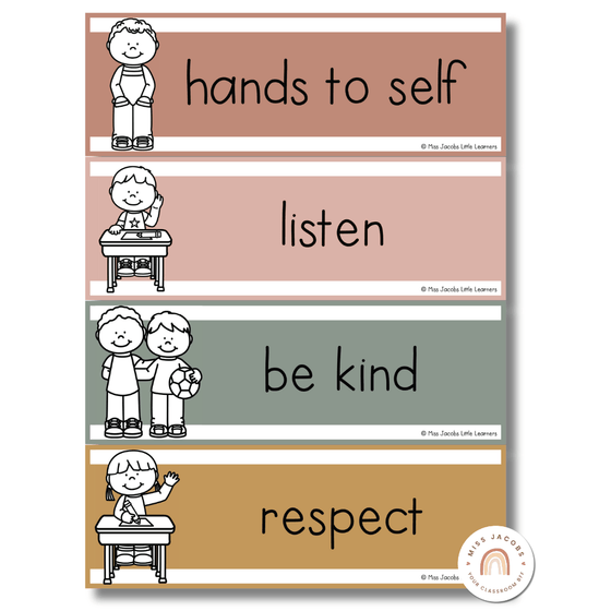 Classroom Rules Posters for Classroom Management | Boho Rainbow Neutral Decor | Editable - Miss Jacobs Little Learners