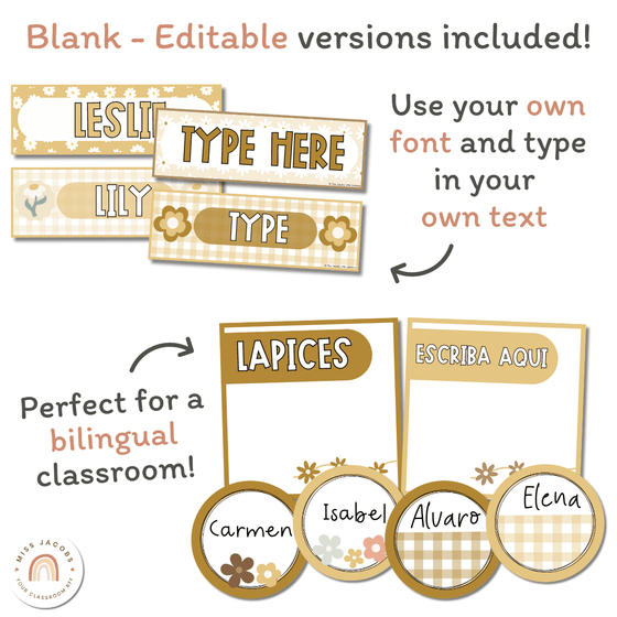 Classroom Supply Labels & Student Name Tags Bundle | Daisy Gingham Neutral Classroom Decor | Editable - Miss Jacobs Little Learners