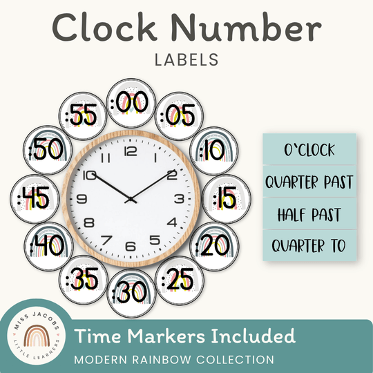 Clock Number Labels - Modern Rainbow Classroom Decor