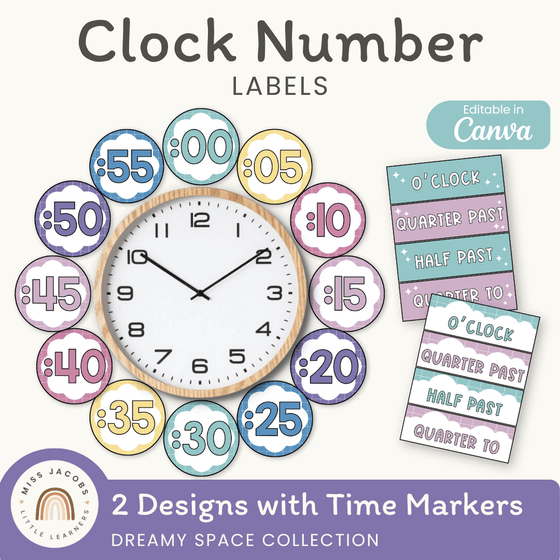 Clock Number Labels - Dreamy Space Theme Classroom Decor - Miss Jacobs Little Learners