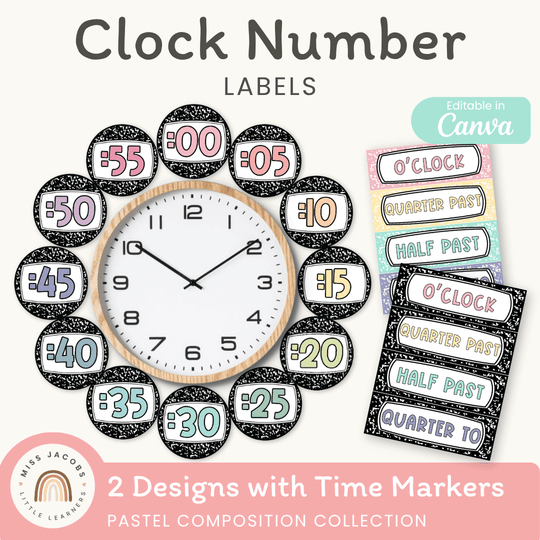 Clock Number Labels - Pastel Composition Notebook Classroom Decor