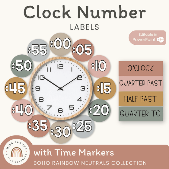 Clock Numbers - Boho Rainbow Neutrals Classroom Decor - Miss Jacobs Little Learners