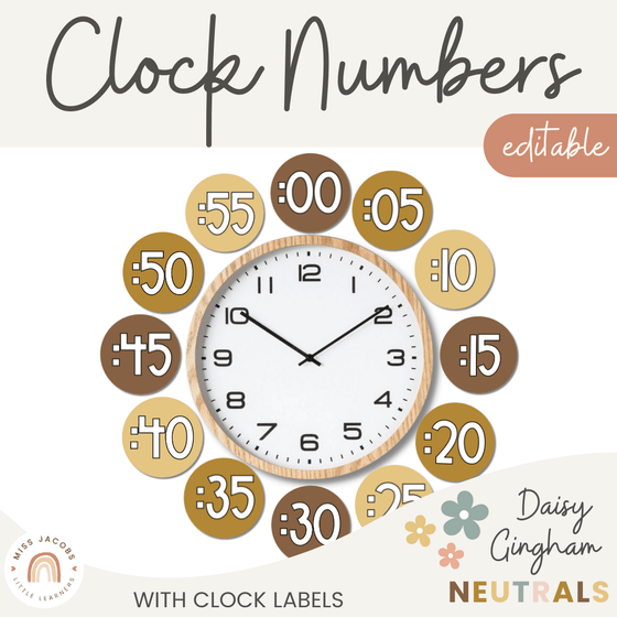 Clock Numbers | Daisy Gingham Neutrals Classroom Decor - Miss Jacobs Little Learners