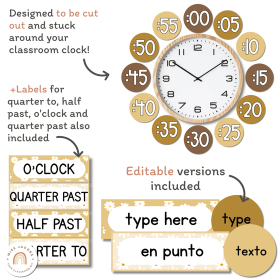 Clock Numbers | Daisy Gingham Neutrals Classroom Decor - Miss Jacobs Little Learners