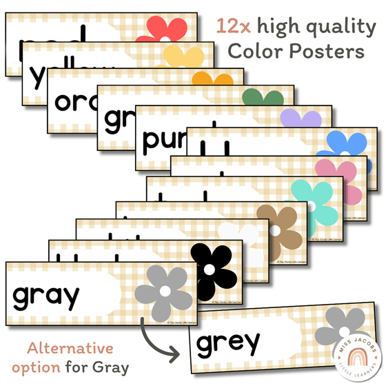 Color Posters | Daisy Gingham Neutrals Classroom Decor - Miss Jacobs Little Learners