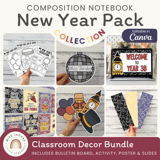 Composition Notebook New Year Bulletin Board Decor Kit, Goals Craft & Activities Bundle