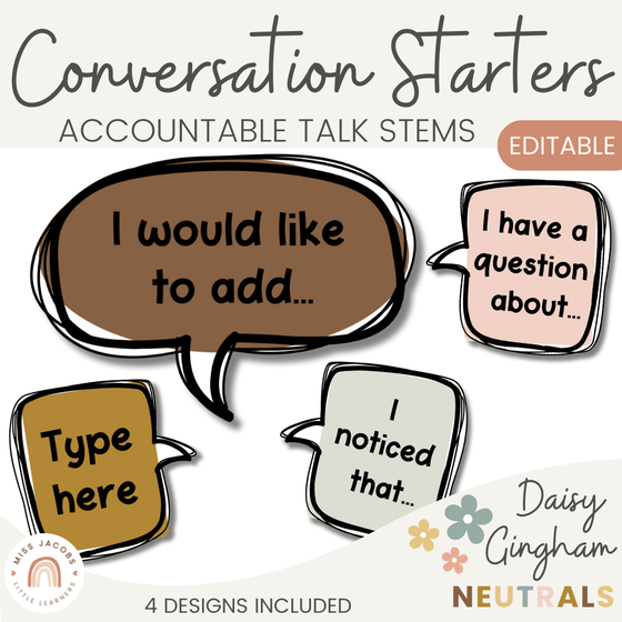 Conversation Starters - Daisy Gingham Neutrals Classroom Decor - Miss Jacobs Little Learners