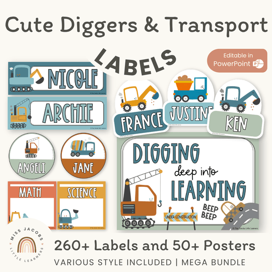 Cute Diggers and Transport Classroom Labels Bundle - Student Name Tags, Posters & Door Display