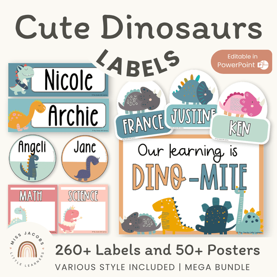 Cute Dinosaurs Classroom Labels Bundle - Editable Organization Tags & Posters