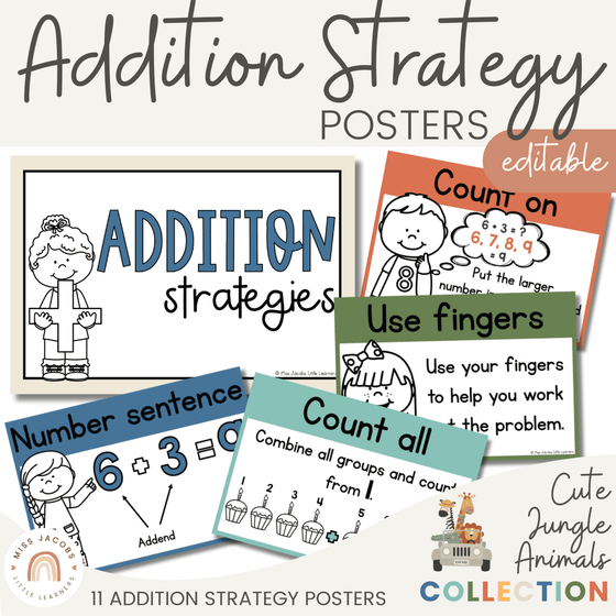 Cute Jungle Animals Addition Strategy Posters - Miss Jacobs Little Learners