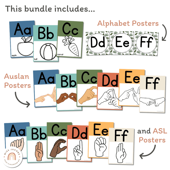 Cute Jungle Animals Alphabet Posters Bundle with ASL & Auslan Alphabet - Miss Jacobs Little Learners